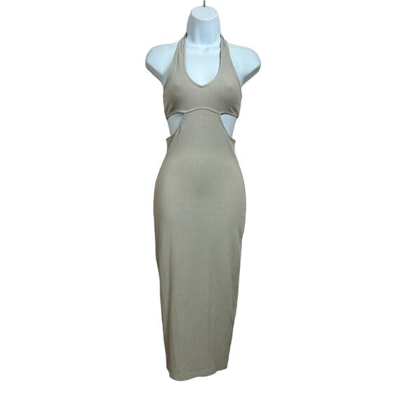 Divided H&M Beige Ribbed Halterneck Dress Sz XS Midi Fitted Open Back V-Neck NEW - Picture 2 of 12